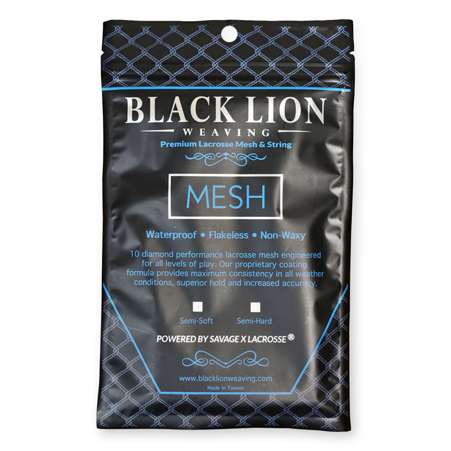 A pack of Black Lion premium lacrosse mesh in a black and blue packaging, highlighting its features such as waterproof,flakeless, and non-waxy.