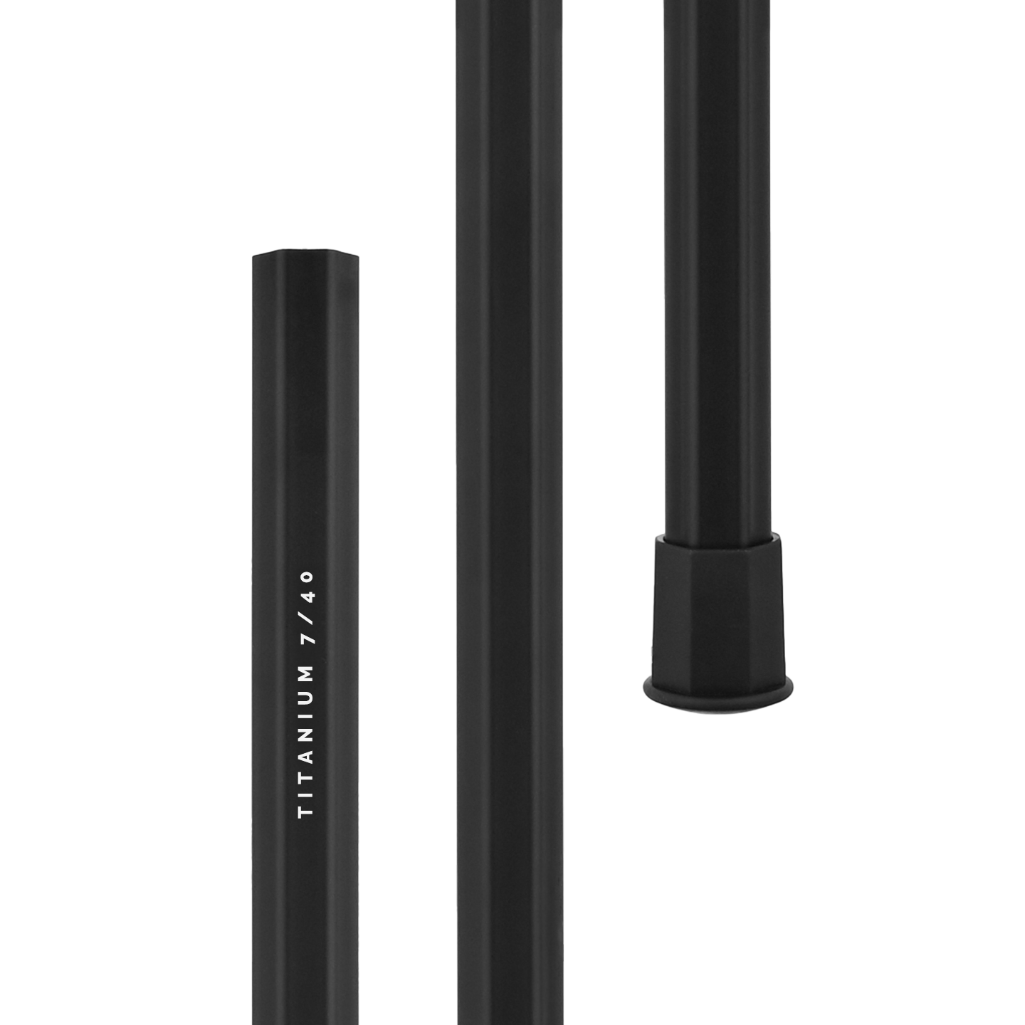 Three-way split view of a black goalie lacrosse shaft.