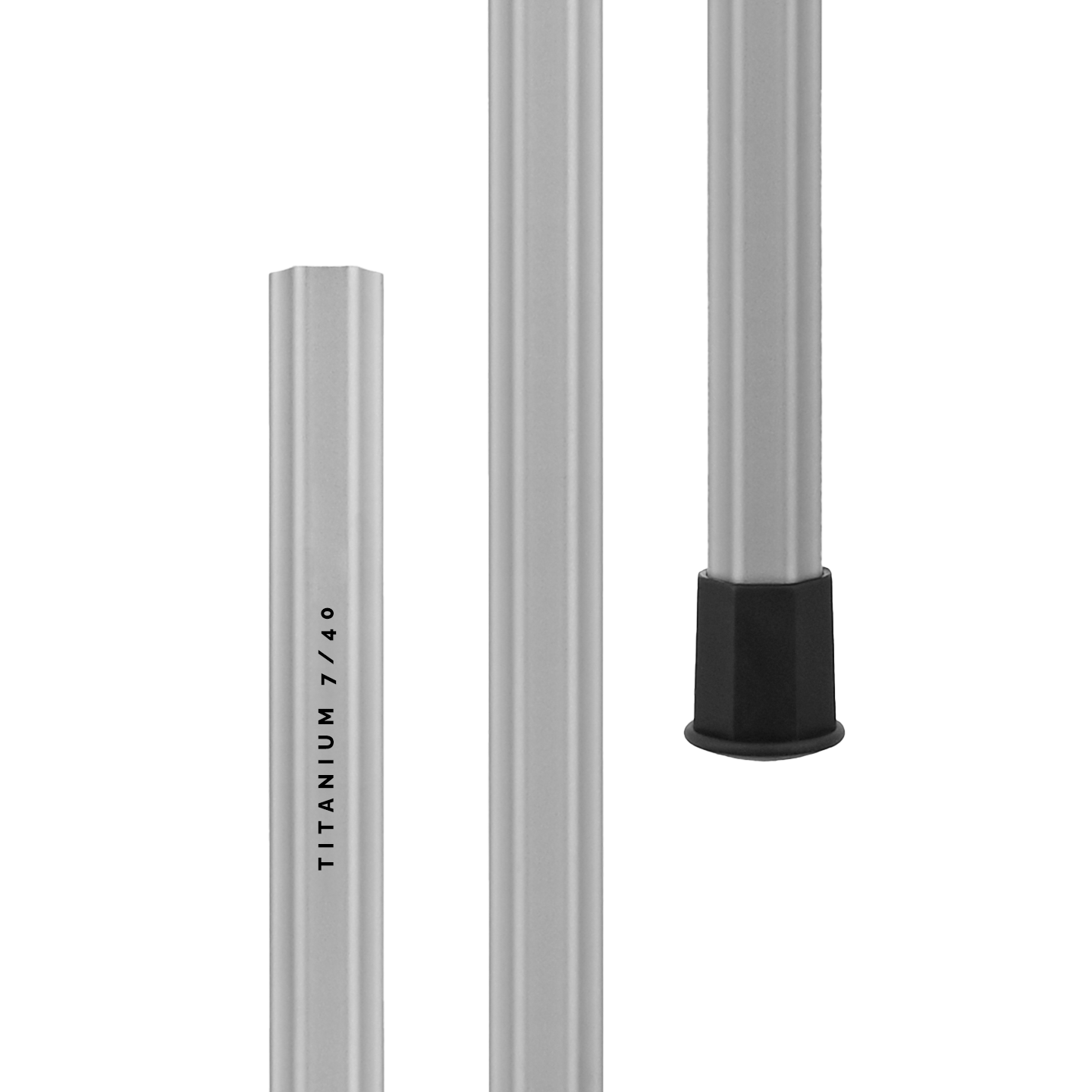 Three-way split view of a silver goalie lacrosse shaft called Titanium 7/40.
