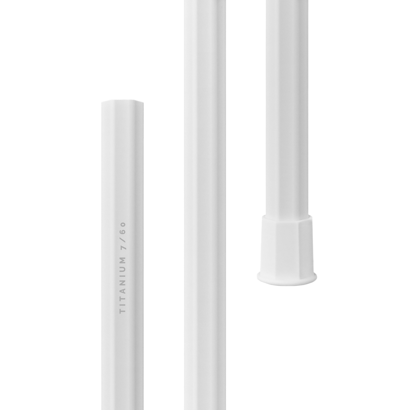Three-way split view of a white defensive lacrosse shaft called Titanium 7/60.