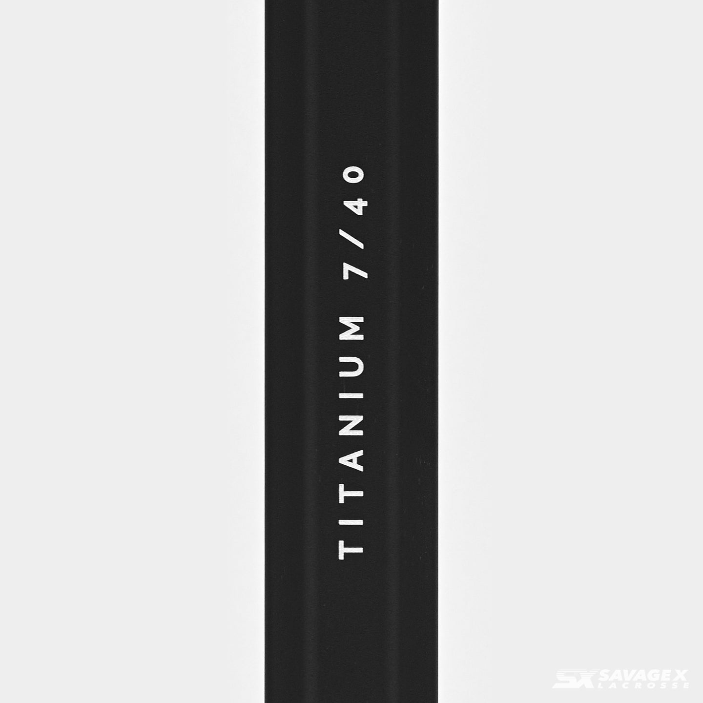 A product video of the Titanium 7/40 Lacrosse Shaft in Black colorway, showing the graphics up close and at a 45 degree angle.