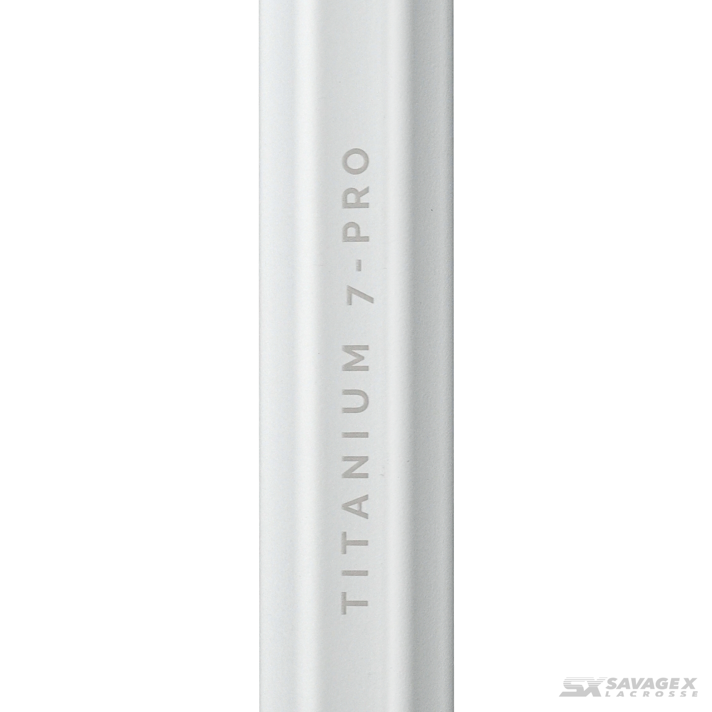 A product video of the Savage X Lacrosse Titanium 7-PRO shaft, in White colorway, showing a closeup view of the logo graphic and a 45 degree view of the shaft.