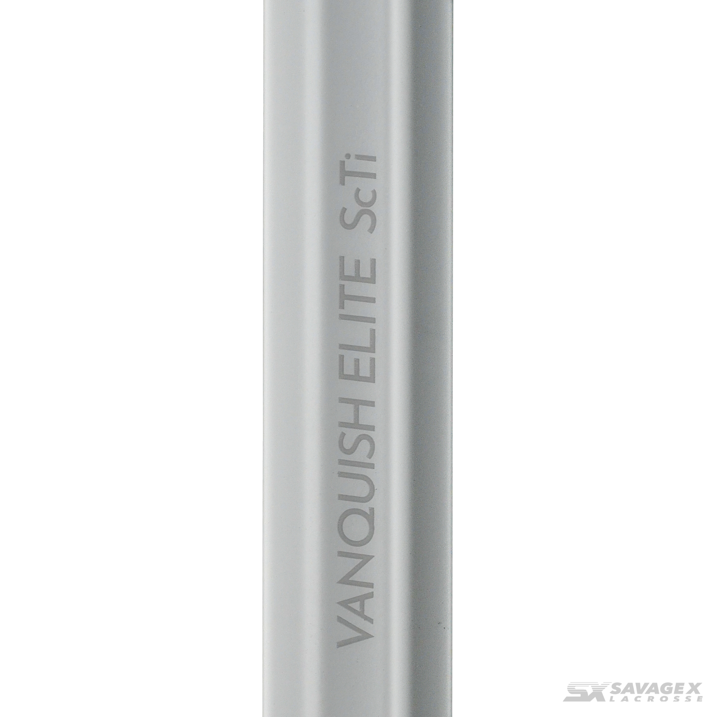 A product video of the Savage X Lacrosse Vanquish Elite ScTi lacrosse shaft, in Arctic White colorway, showing a closeup view of the logo graphic and a 45 degree view of the shaft.